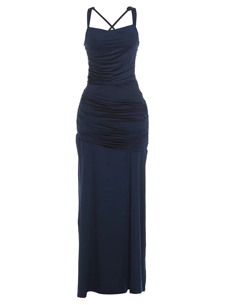 Sisterlinda Chic Elegant Backless Dress Women Folds Square Collar Low-Neck Sleeveless Birthday Party Solid Chic Banquet Vestidos