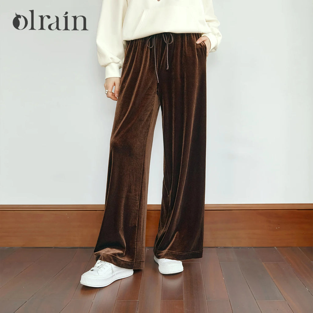 OLrain Velvet Drawstring Baggy Sweatpant Woman 2026 Autumn Casual Retro High Waist Wide Leg Long Pants Women Trousers M56QK85138