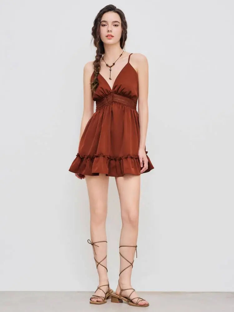 Mini Dress Sleeveless Burnt Orange Size Large Embroidered Waist Western Outfits Woven Solid Hollow Out Ruffle Mini Dress