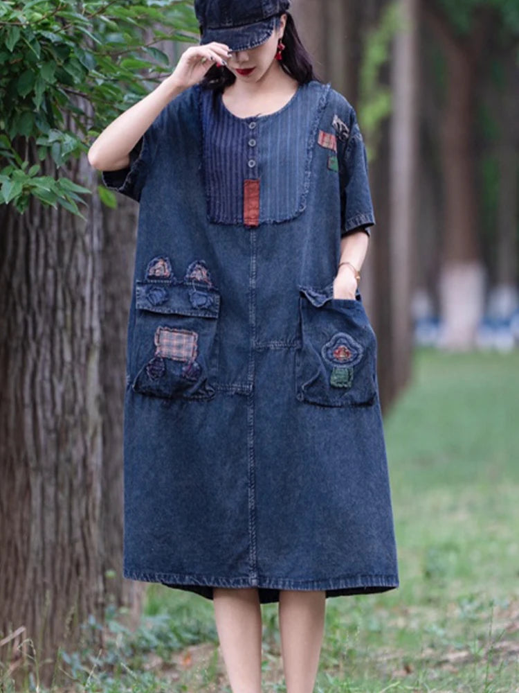 Amax LuluE Spring Womens Fashion Korean Design Denim Dress 2026 Vintage Loose Patchwork Vestidos Females Casual Classic Clothes