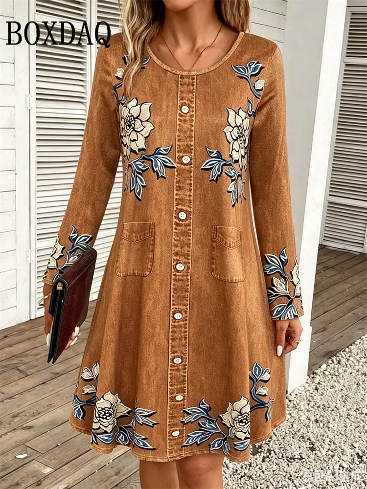 2026 Women's Casual Floral Imitation Denim 3D Print Dress Fashion Round Neck Autumn Loose A-Line Dress Long Sleeve Women's Dress