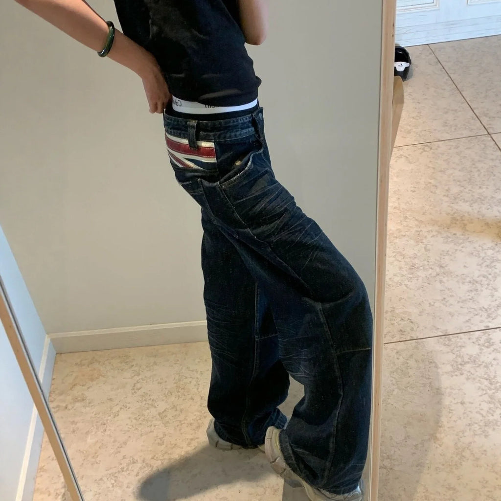 Women Dark Wash Denim Jeans Union Patch Back Pocket Vintage Loose Straight Pants Y2K Streetwear Trousers Daily Casual Outfits