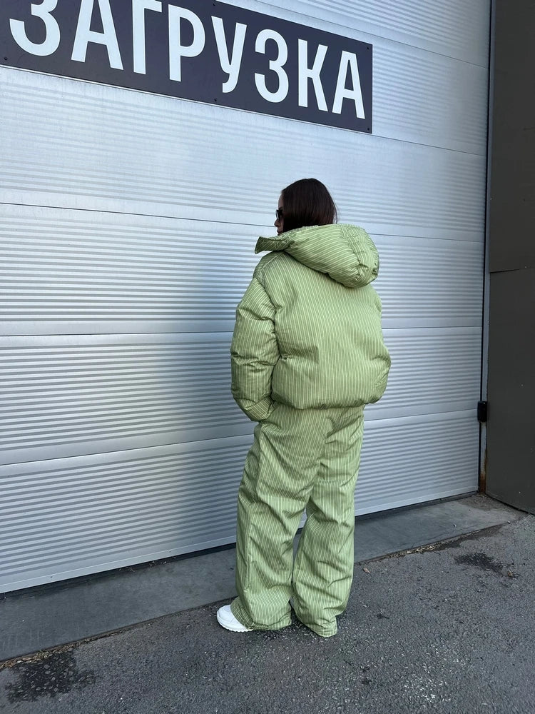 Women Striped Ski Suit 2 Pieces Set Hooded Puffer Jacket Wide Leg Snow Pants Winter Warm Waterproof Snowboard Outfit Tracksuit