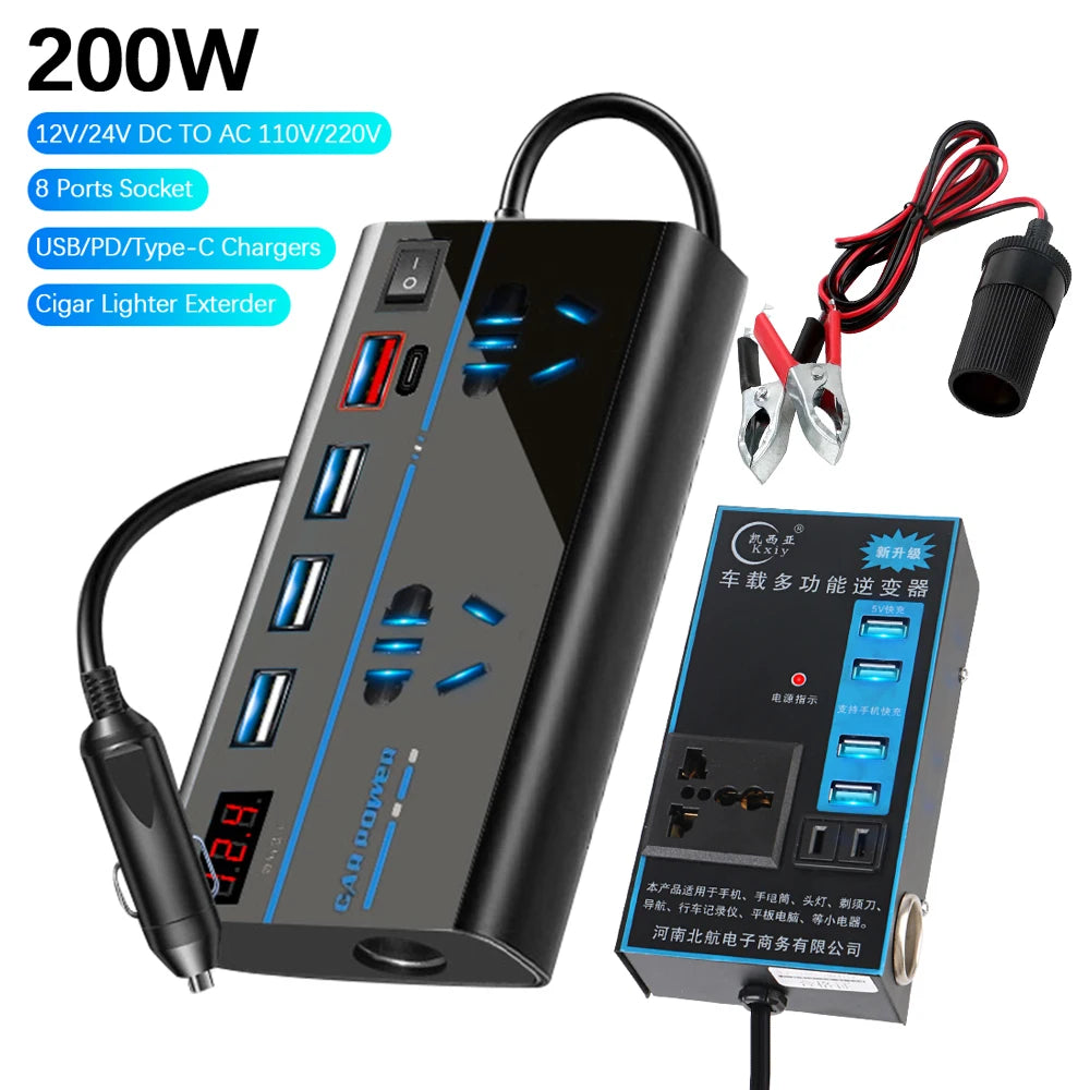 200W Inverter Storage Battery Converter DC 12V/24V To AC 110V/220V Splitter 8 Ports USB Chargers AC Power Socket Car Inverter