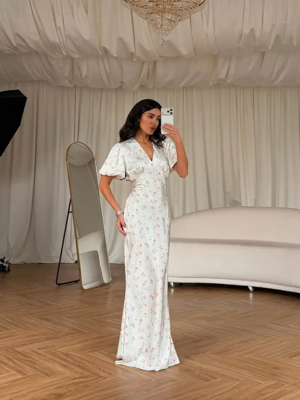 Elegant Printed V-neck Maxi Dress Women Fashion Satin Puff Short Sleeve High Waist Slim Long Dresses 2026 Summer Lady Party Robe