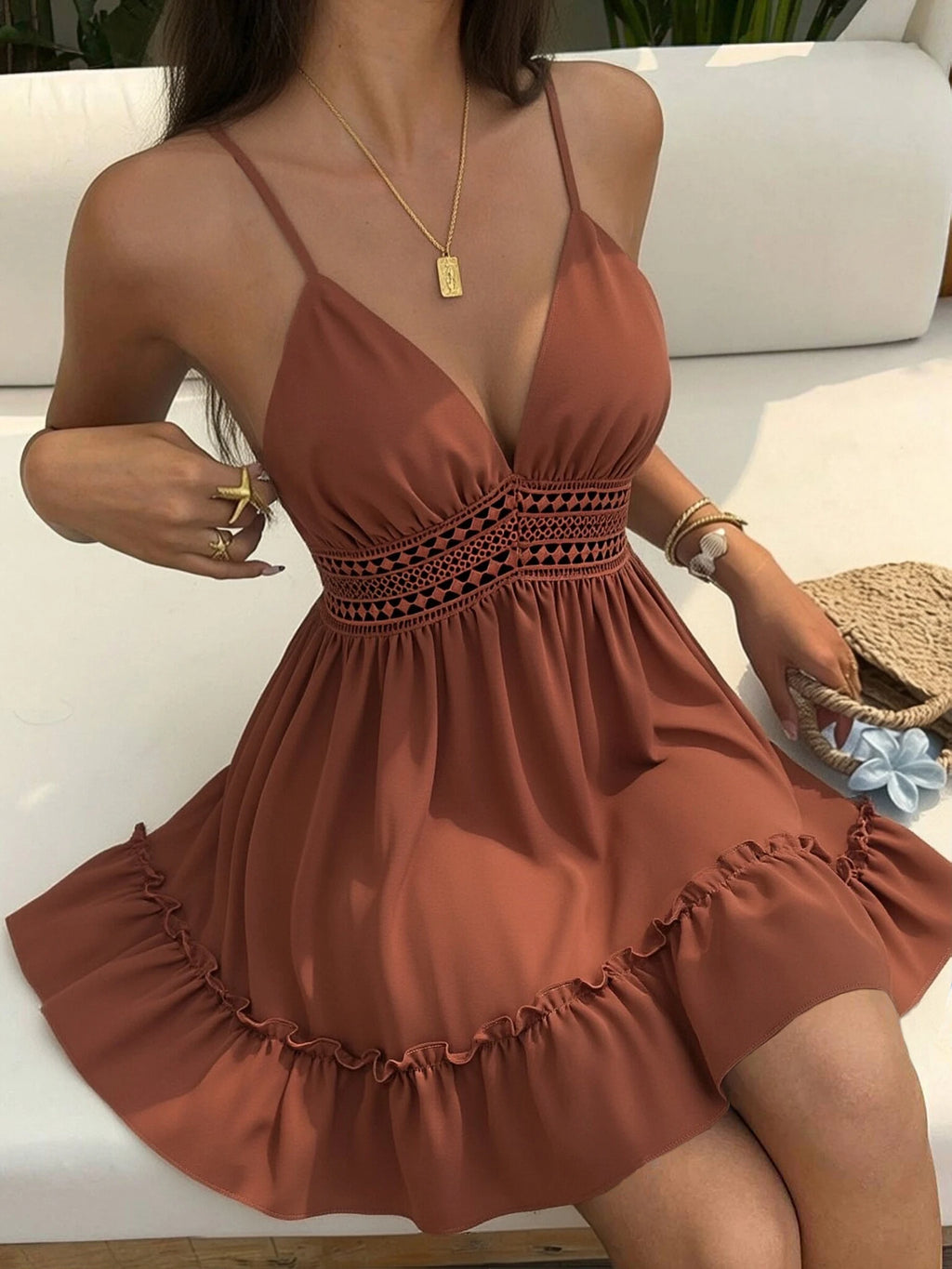 Summer Dresses for Women 2026 V-Neck Spaghetti Strap Bowknot Backless Sleeveless Lace Mini Swing Skater Dress