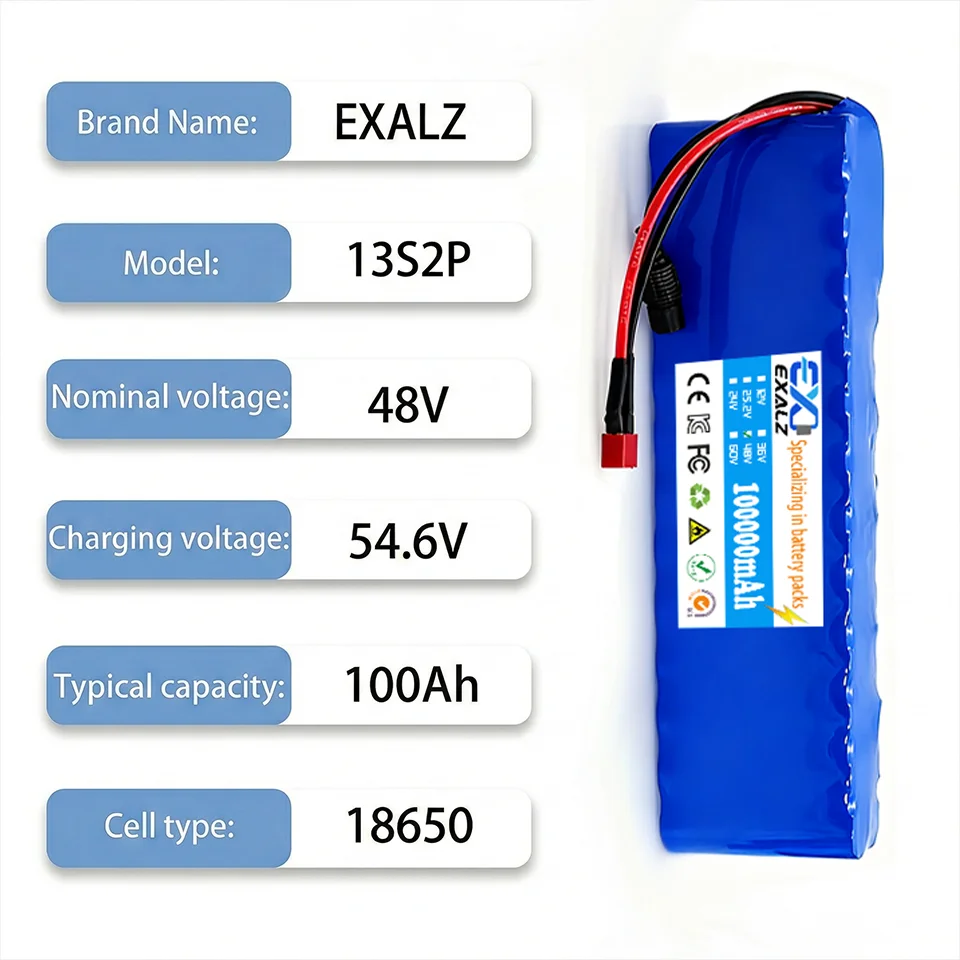 48V Electric Scooter Battery 13S2P 100Ah 18650 Lithium Pack For E-Bike Vehicle Motorcycle DIY BMS + 54.6V Charger