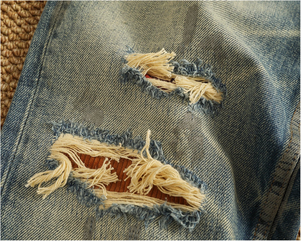 2025 Autumn New American Retro Heavyweight Ripped Denim Men's Fashion 100% Cotton Washed Old Straight Tapered Casual Jeans
