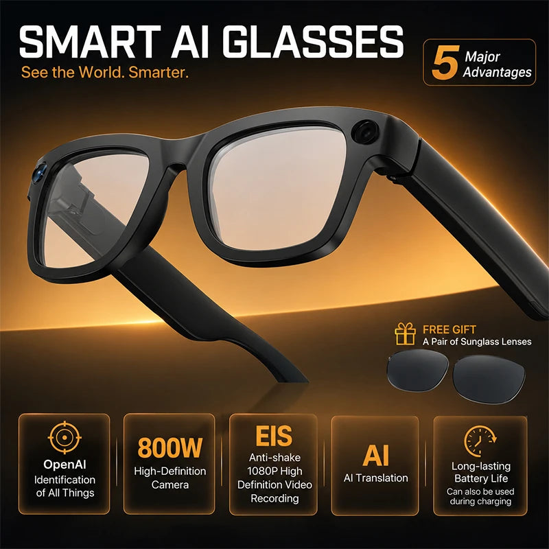 2026 Smart Glasses with 8MP Camera, 1080P Anti-Shake Recording, AI Translator, Bluetooth Audio Calling, 8GB Storage, iOS Android