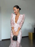 Fashion Printed Deep V Neck Women Slim Dresses Chic Long Sleeve High Waist Dress Summer New Beach Party Lady High Split Vestidos