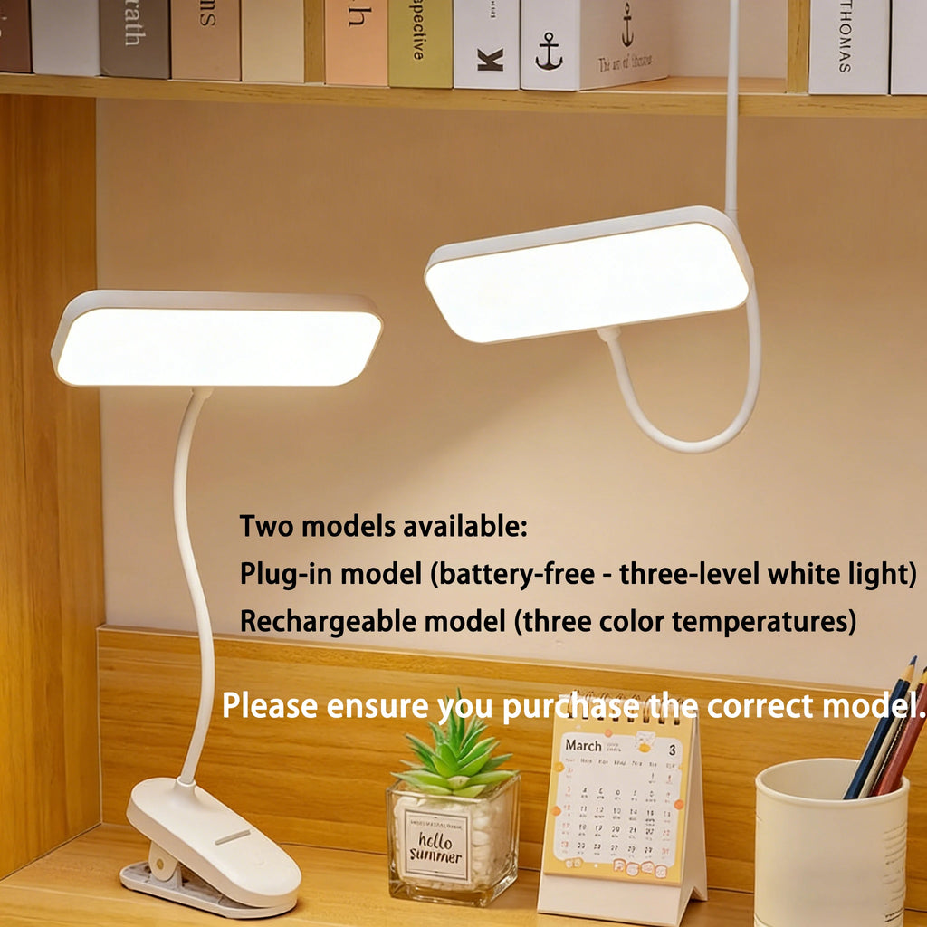 Clip-On Desk Lamp with Eye Care, USB Rechargeable & Plug-in Dimmable LED Light, Adjustable Study Lamp for College Dorm, Bedroom
