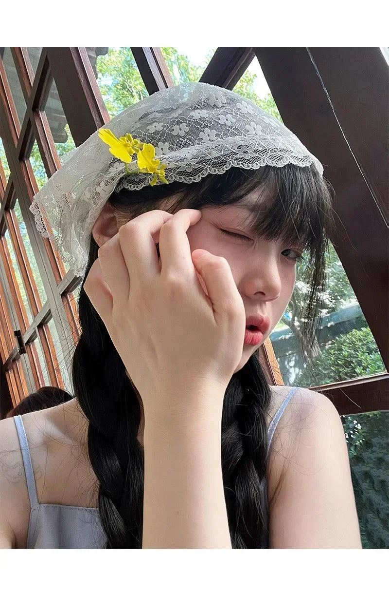 Summer Headwear Headdress with French Pastoral Triangle Hair Scarf Women Girls Lace Band