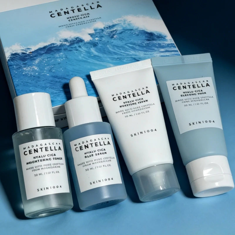Korean Centella Hyalu-Cica Travel Kit,Toner, Ampoule Serum,Face Moisturizer Cream and Night Sleeping Pack Mini 4pcs Skincare Set