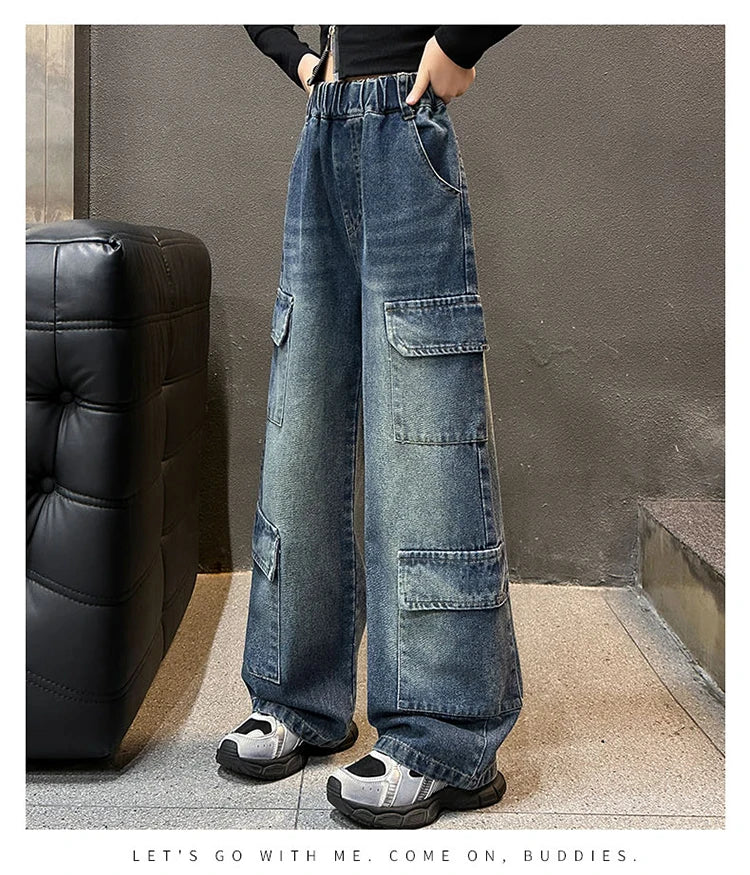 Kids Design Luxury Straight Leg Cargo Jeans with Multi Pocket for Teens Girl Cool Denim Pants Tweens Child Casual Jeans Trousers