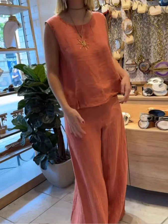 Summer Fashion Retro Casual Solid Color Cotton Linen Suit Women's Sexy O-neck Sleeveless Vest + Trousers Suit Two-piece Suit