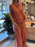 Summer Fashion Retro Casual Solid Color Cotton Linen Suit Women's Sexy O-neck Sleeveless Vest + Trousers Suit Two-piece Suit
