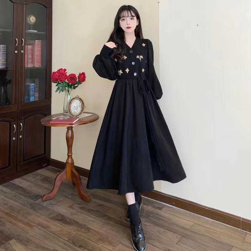 Fall Faion Long Waist-Cinching Slimming Hepburn Sle Little Bla Dr Women's High Waist A-Line Dr Ele