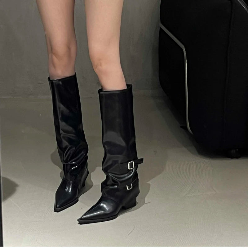 Retro Style Women Knee High Boots Fashion Belt Buckle Shoes Autumn Winter Wedges Heel Women's Knight Long Booties