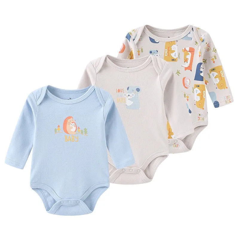 100% Cotton Jumpsuits 3Pieces Newborn Baby Boy Clothes Cartoon Bodysuit Print Long Sleeve Baby Girls Clothes 0-12M Spring Autumn