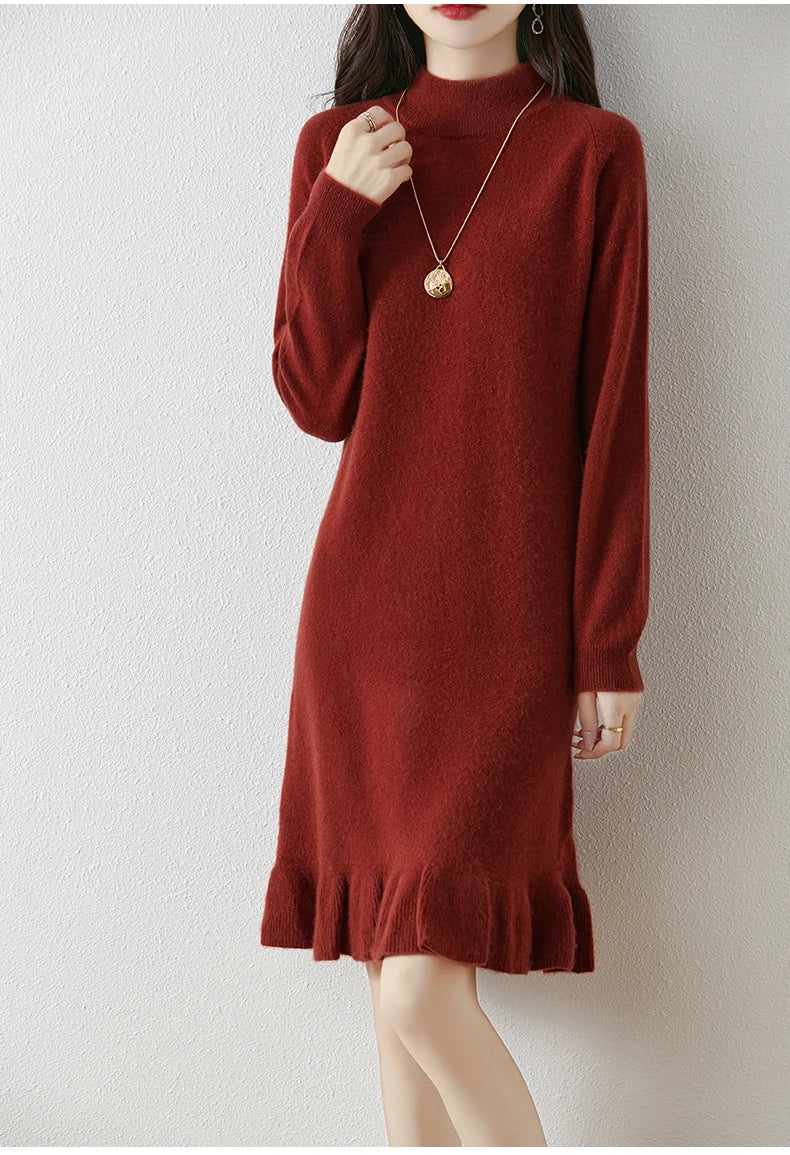Women's Pure Wool Knitted Dress, High Collar, Pleated, Casual, Fashionable, Warm, 2024 Autumn And Winter