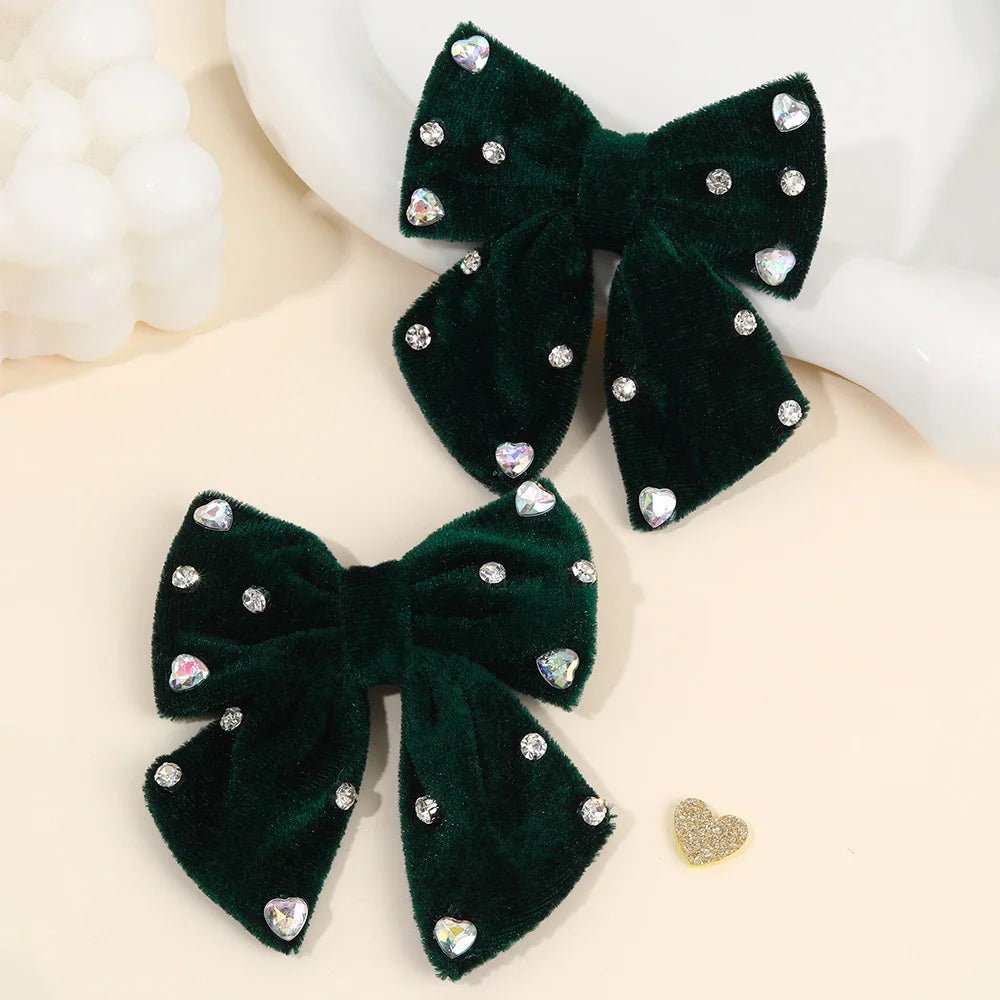 2Pcs Girls Velvet Bow Hair Clips Elegant Heart Shape Rhinestones Hairpins Vintage Burgundy Barrette Fall/Winter Hair Accessories