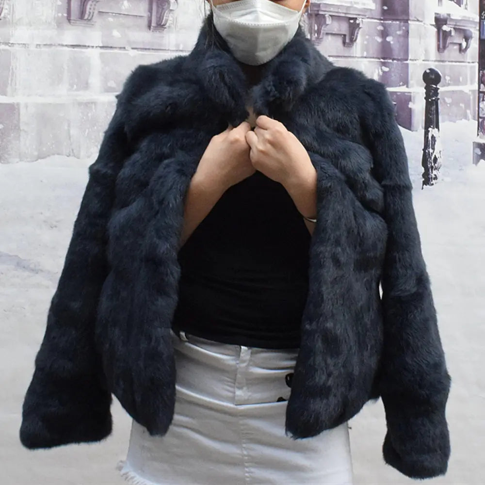 Natural Rabbit Fur Coat Women Winter Jacket Real Leather And Fur Bolero Women's Clothing Female Outerwears With 2025 Black Cold