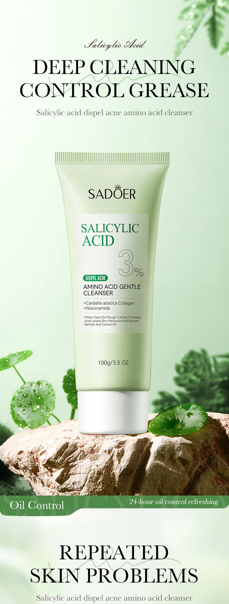Salicylic Acid Face Wash – Oil Control Deep Cleansing Foaming Cleanser for Oily Acne-Prone Skin, Gentle Amino Acid Formula