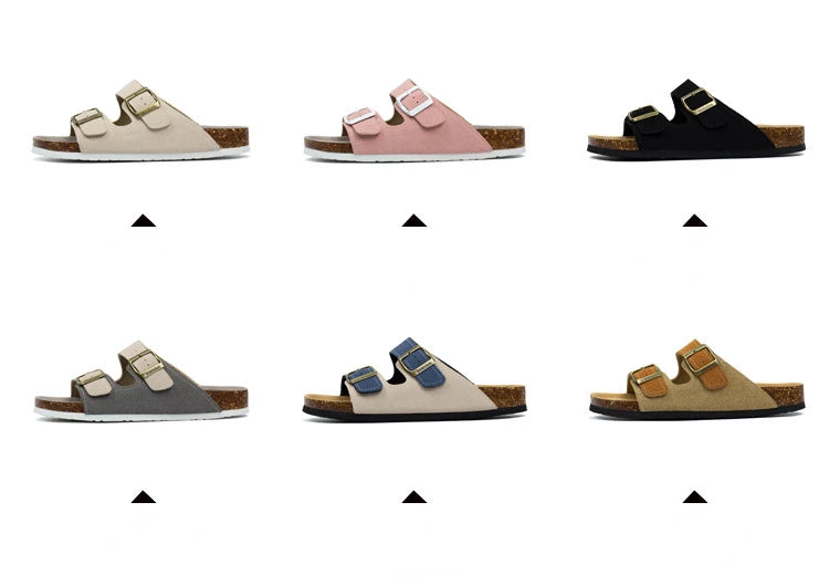 Nubuck Women Cork Slippers Summer Mule Clogs Flats Sandals Slides Casual Beach Couple Double Buckle Soft Shoes Footwear Big Size
