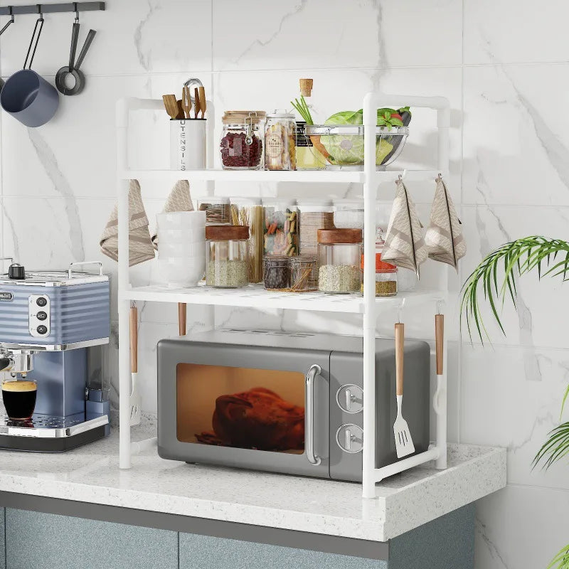 2/3 Floor Microwave Oven Rack, Kitchen Countertop Storage Rack, With Hooked Metal Appliance Rack, Saving Kitchen Shelf Space