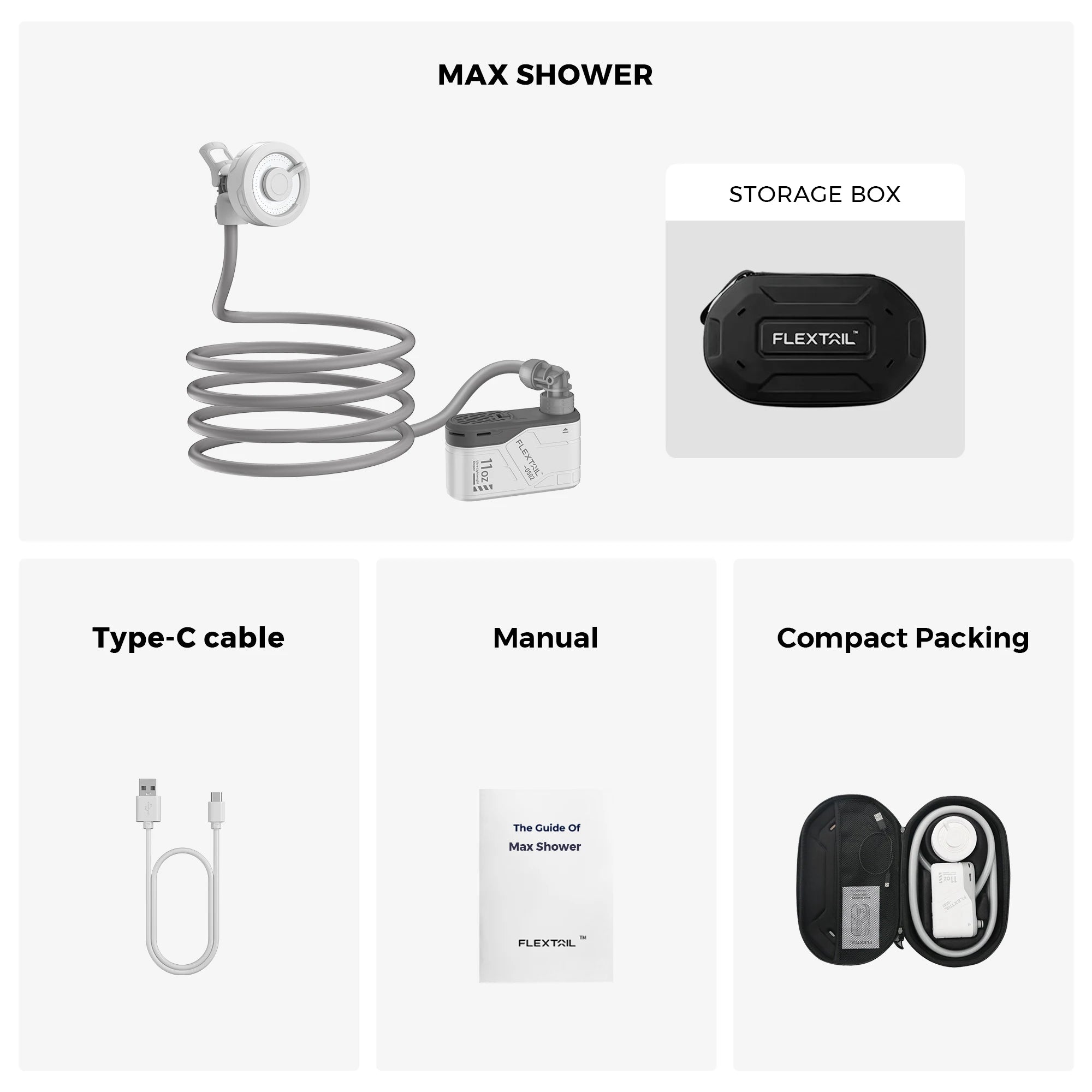 FLEXTAIL MAX SHOWER Ultralight Rechargeable Outdoor Shower Pump, Portable Camping Travel Shower with USB-C Water Pump for Hiking