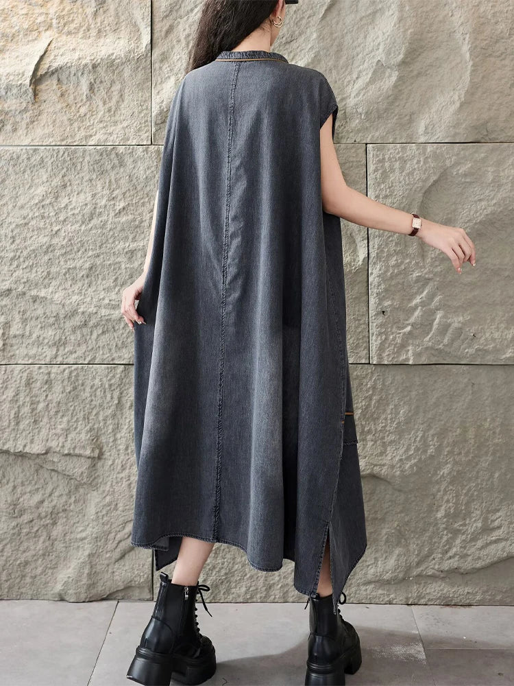 Amax LuluE Korean Summer Long Clothes Womens Fashion Loose Denim Dresses Ladies Classic Casual Big Size Elegant V Neck Vestidos