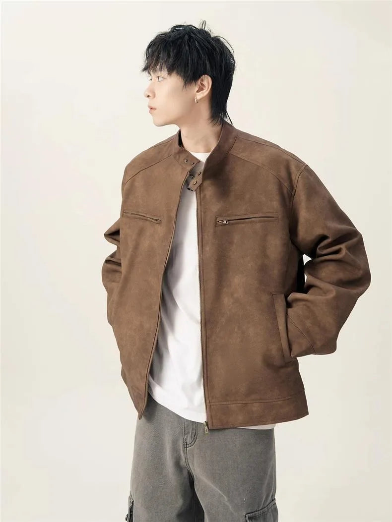 Men's American Retro Brown Leather Jacket Men Motorcycle Er Jacket Casual Baseball Varsity Coat Couple Streetwear Outerwear