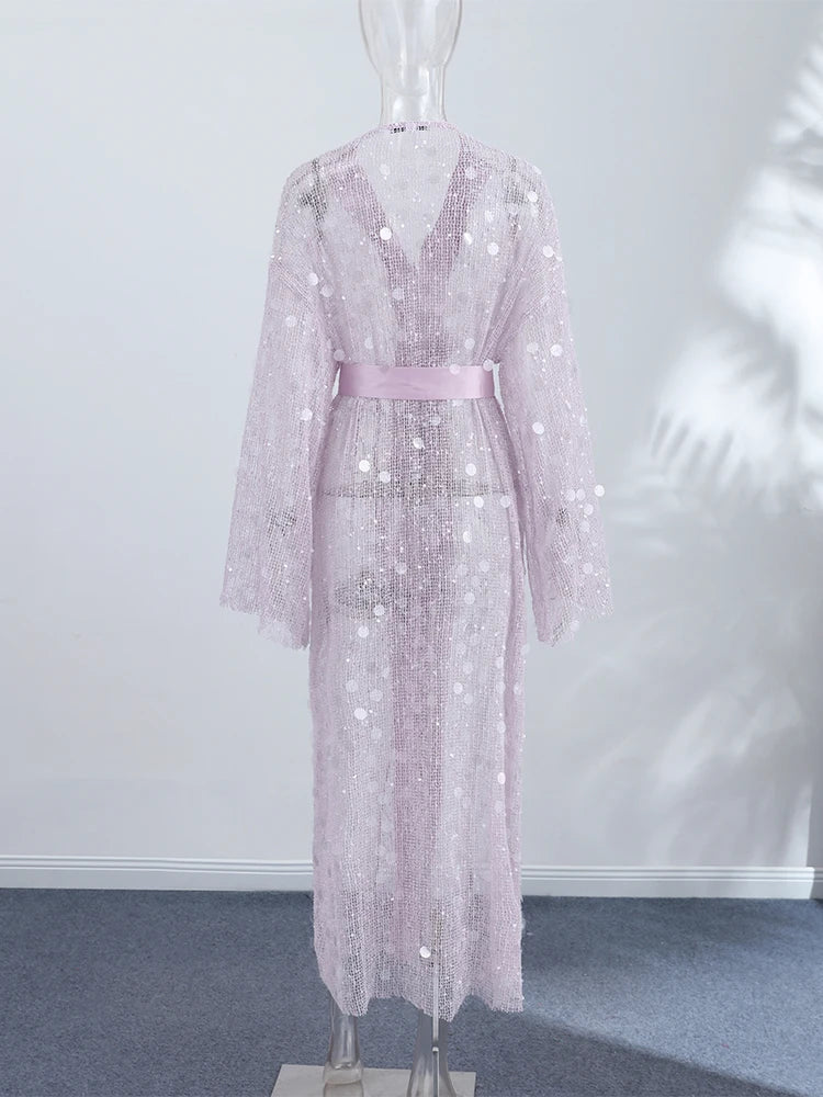 Sequined Hollow Out Long Dress Women Sexy V-neck Full Sleeve Mesh Patchwork Lace Up Cardigan Party Evening Dresses New Beachwear