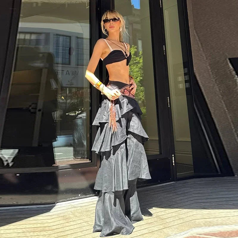 Ruffle Street Cascading Women's Y2k Pants Fashion Elastic Waist Wide-leg Female Trousers 2026 Summer Chic Holiday New Lady Pant
