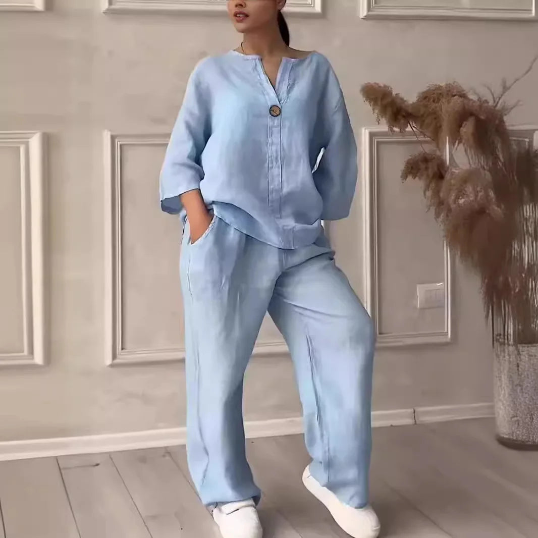 Women's 2 Piece Cotton Linen Lounge Set Button Down Shirt and Wide Leg Pants Casual Loose Fit Matching Outfit Solid Color Co-ord