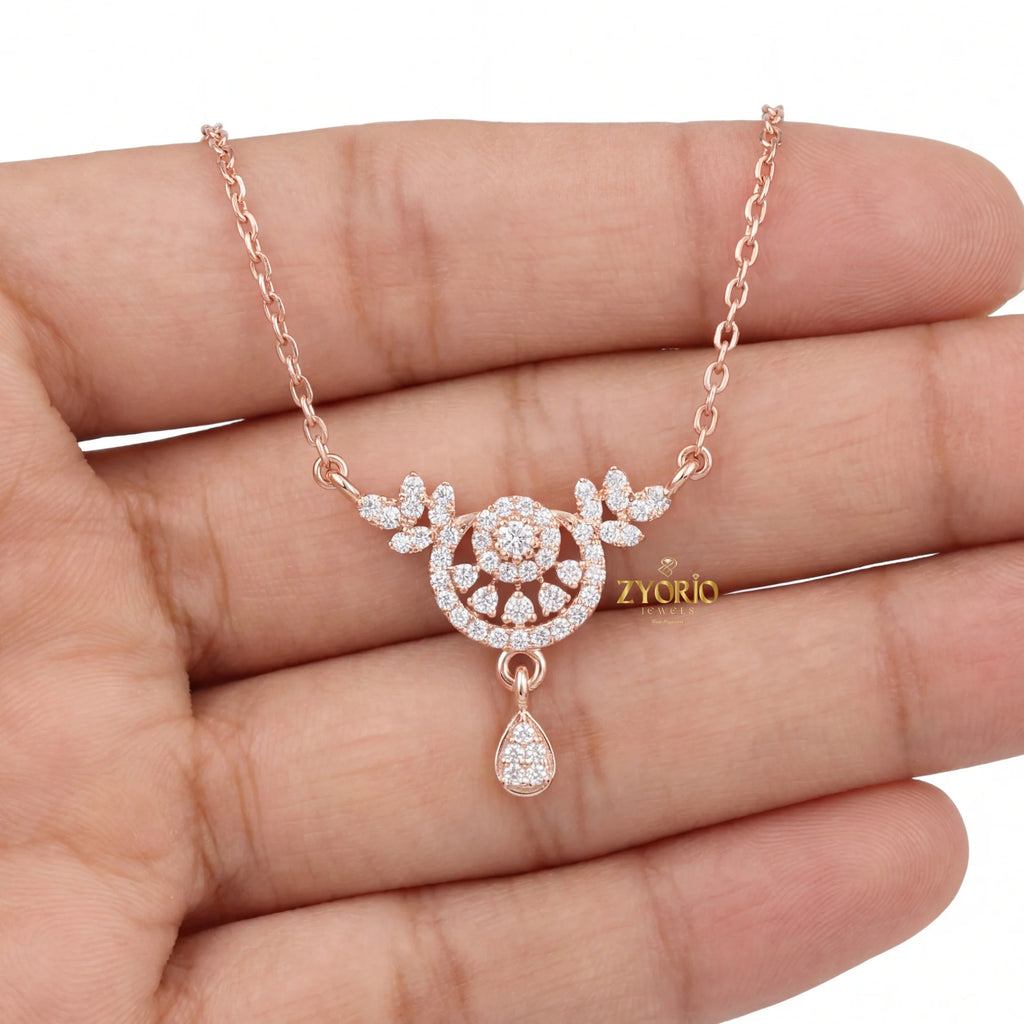 ZYORIO Women's Rose Gold Diamond Pendant Necklace Floral Design Pave Setting Round Brilliant Cut Teardrop Drop Romantic Wedding