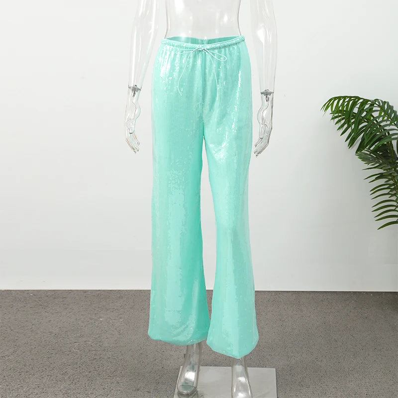 Solid Sequin Elastic Waist Pants Women Loose Fashion Lace Up Wide Leg Trousers Female 2026 Spring Summer Chic Streetwears Outfit