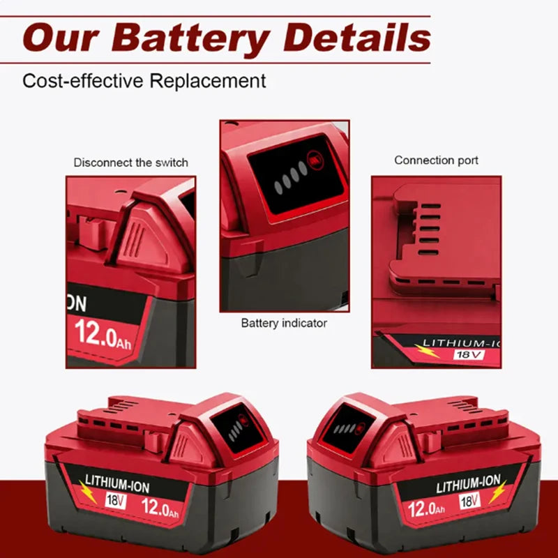 M18 For Milwaukee 18V Power Tool Battery, Charger BR XC M18B5 48-11-1860, Built-in 18650 Power Tool Battery 6.0Ah/9.0Ah/12.0Ah