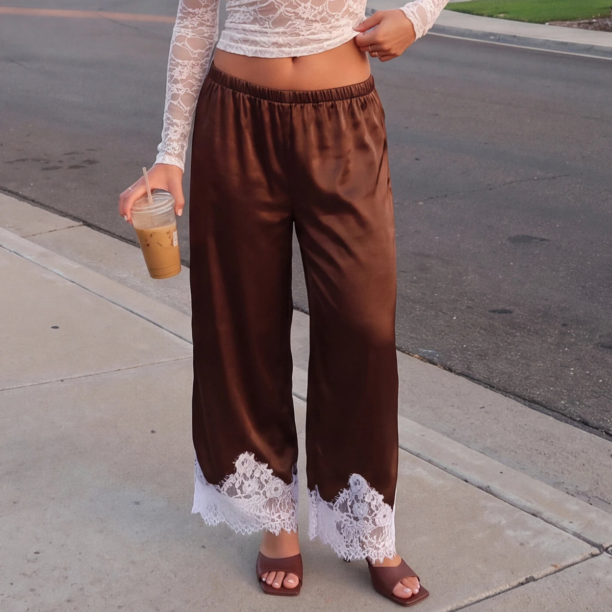 Lace Trim Wide Leg Pants for Women Casual Loose Stain Elastic Waist Trousers 90s Streetwear Y2K Coquette Bottoms