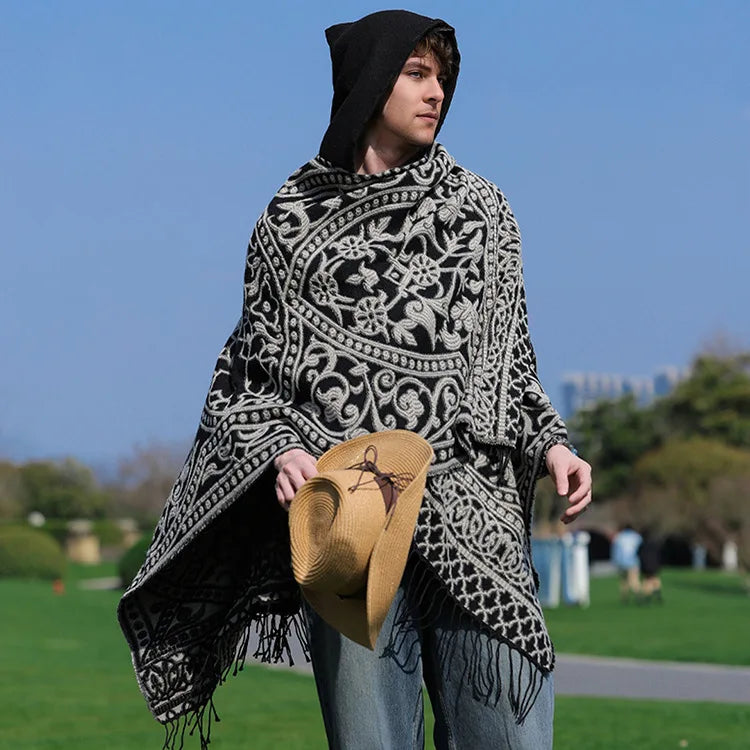 2025 New Men's Imitation Wool Cape Shawl Cross-border Hot Selling Hooded Woven Slit Cape Autumn and Winter Poncho Cloak P8
