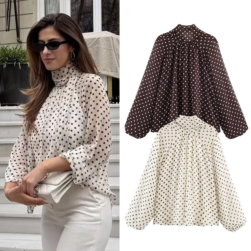 Women Polka Dot Print Blouse Casual High Collar Long Sleeve Lady Top Simple Women's Blouse Female Shirts & Blouses