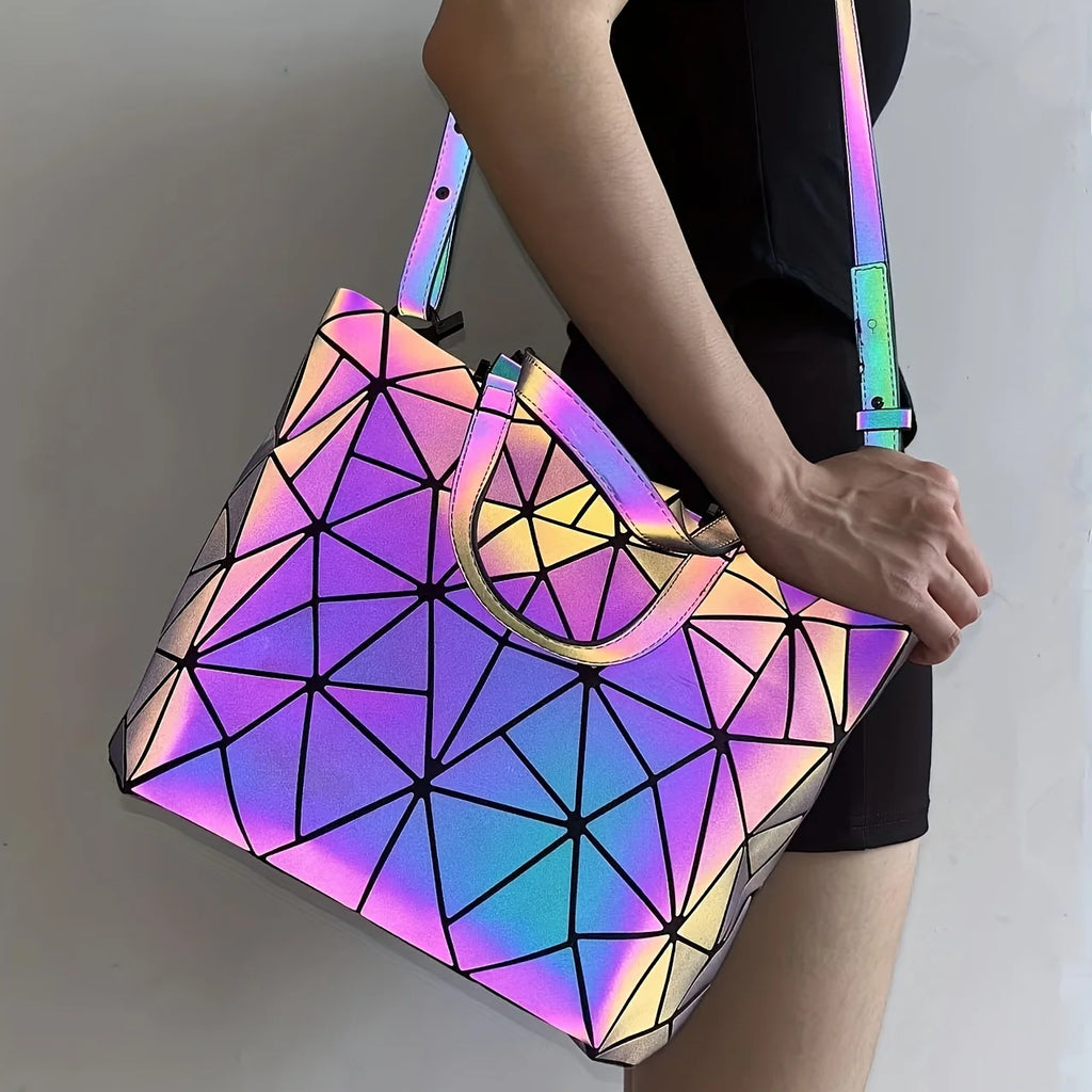 Large Capacity Tote Bag Diamond Luminous Shoulder Bag Fashion Dazzling Bucket Bag Women's Fold Deformation Office Briefcase