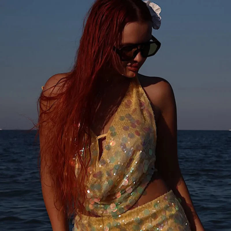 Sequins Halter Hollow Out Dress Women's Sexy Backless Sleeveless Contrast Color Mini Dresses 2026 Summer New Lady Beach Robes