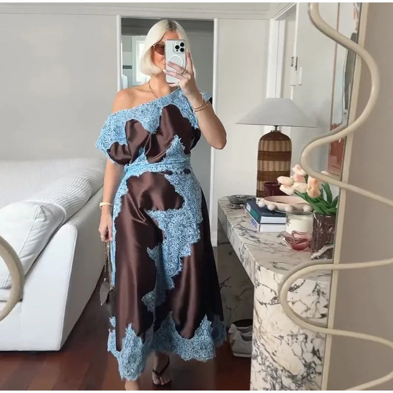 Elegant Lace Patchwork Long Women's Dress Urban Skew-collar Short Sleeve Empire Female Dresses 2026 Summer Vacation Lady Robe