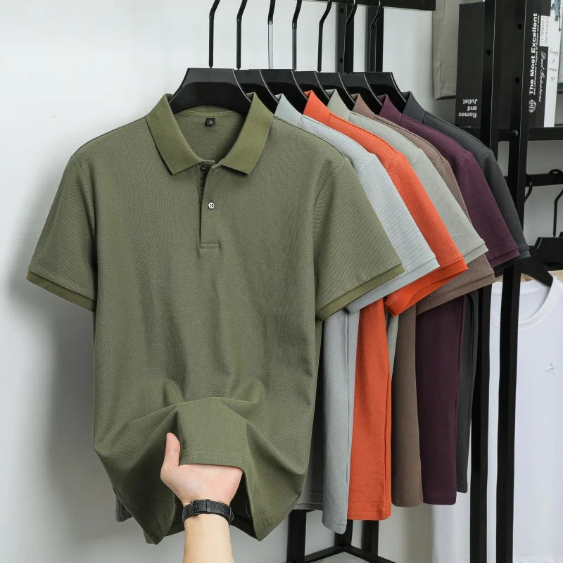 100% Pure Cotton Boutique Short-Sleeved High-End Men's Polo Shirt Summer High-Quality Solid Color Tops Business Casual T-Shirt