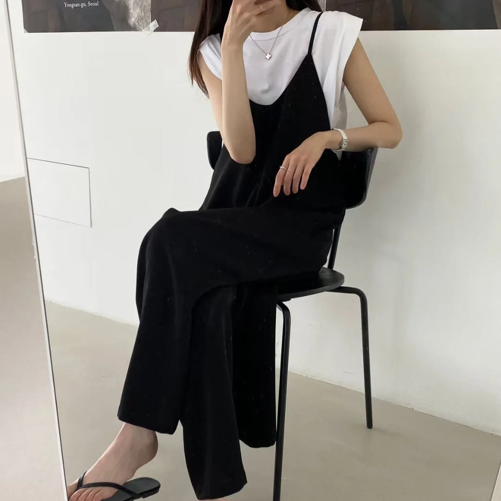 Versatile Loose Fit Slimming Shoulder Strap Pants Casual Pants Jumpsuit 2 Colors Drapey Comfortable Mid-aged Women's Pants