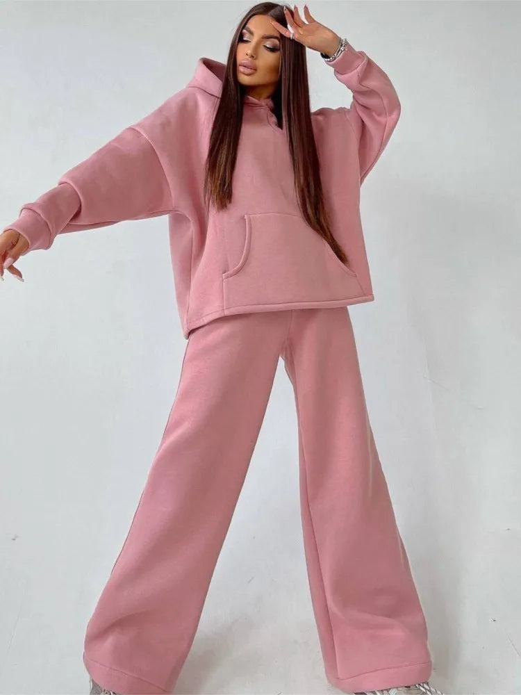 Woman's Solid Color Hooded Sweatshirt Pant Two-piece Set Fashion Long Sleeves Pocket Pullovers Pants Suits Ladies Loose Outfit