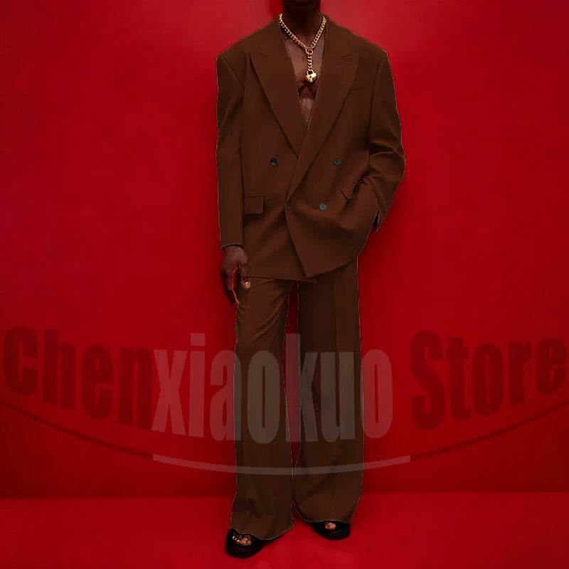 Men's Double Breasted Suit Set Oversized Blazer and Wide-Leg Trousers Fashion Casual Formal Outfits for Streetwear Party