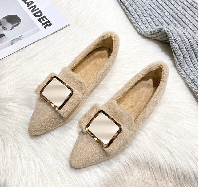 Flats Shoes for Women 2024 New Autumn Pointed Flat Mink Fur Winter Shoes Velvet Women's Loafers Ladies Shoes Plus Size 41 42 43