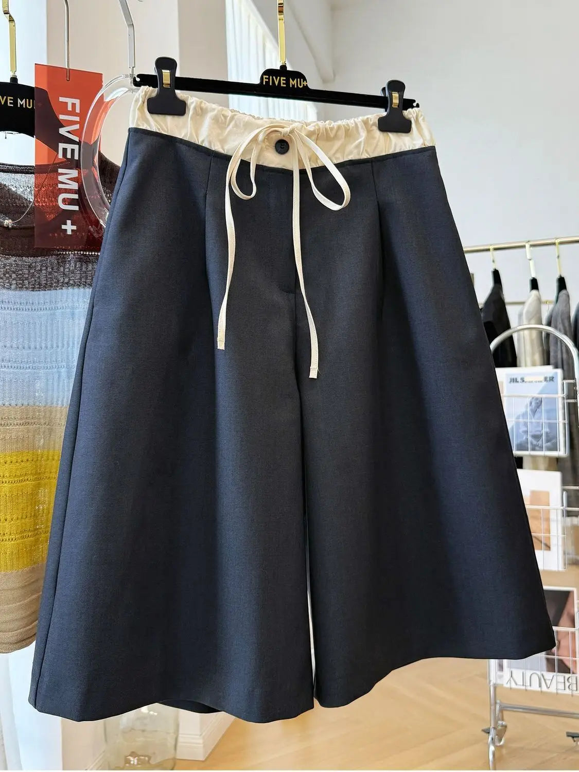 Women's Black Wide-Leg Shorts Contrast Elastic Waist Drawstring Loose Fit Casual Summer Bot
